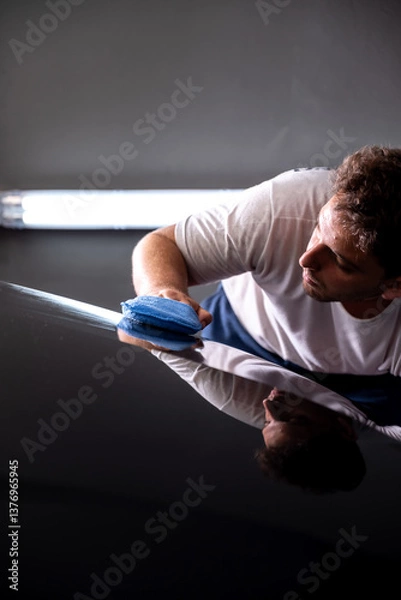 Obraz hombre aplicando tratamiento ceramico con paño a mano en automovil