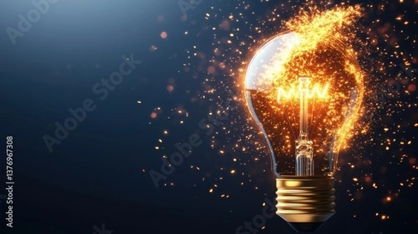 Fototapeta A luminous glowing lightbulb featu the letters MW intricately inscribed inside, surrounded by enchanting sparkling embers on a dark blue background