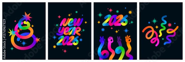 Obraz Happy New Year Party Backgrounds. 2026 Vector Banner Design with Abstract Party Elements. Greeting Posters Graphic with Gradient Colored Confetti Decoration
