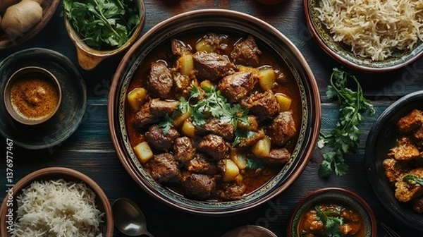 Fototapeta Delicious Aromatic Indian Lamb Curry with Potatoes Aromatic Spices Rich Flavorful Traditional Recipe Authentic Cuisine Home Cooking Food Photography Spicy Dish Tasty Meal Warm Colors Rustic Setting   