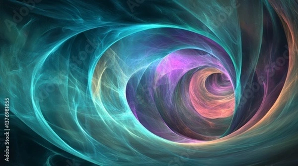 Fototapeta Abstract swirling fractal art with teal, pink, and orange hues creating a vortex effect.