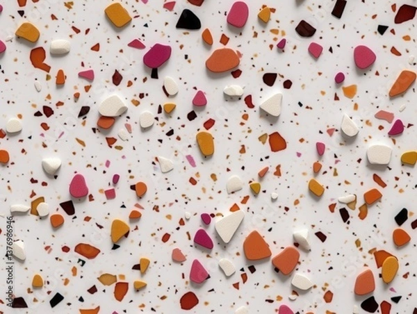 Fototapeta A vibrant abstract surface showcasing a mix of colorful terrazzo chips scattered on a white background, ideal for design inspiration or creative projects