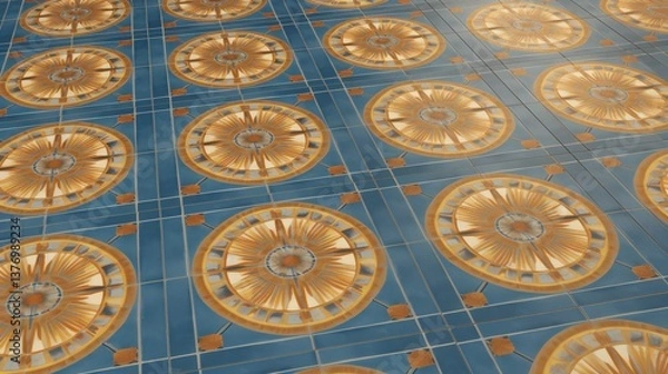 Fototapeta A vibrant and intricate tiled floor featuring circular patterns in gold and blue, showcasing a geometric design, suitable for interior decor or architectural design inspiration