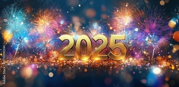Fototapeta 2025 New Year Celebration with Gold Fireworks and Bokeh Lights