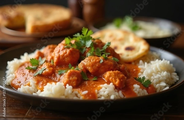 Fototapeta Butter chicken served with white rice, naan bread, coriander garnish on a dark plate. Indian cuisine, meal, dinner. Spicy and delicious food. Popular dish at restaurant.