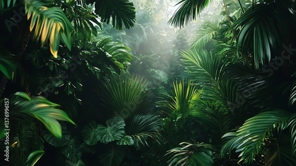 Obraz Lush Tropical Paradise, Sunlight Streaming Through Dense Foliage