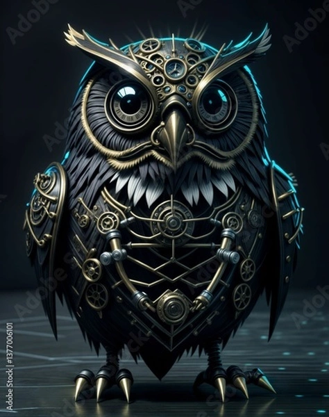 Fototapeta Steampunk mechanical owl with glowing blue light