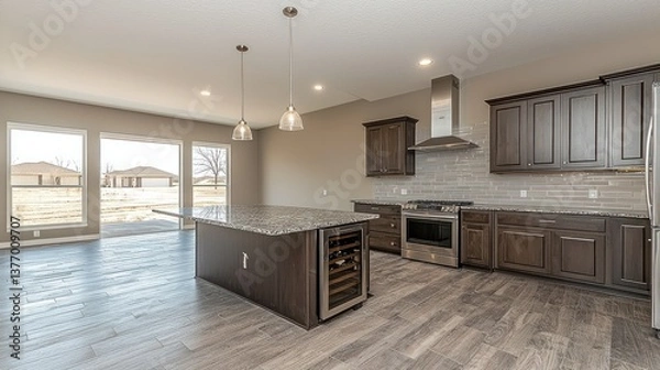 Fototapeta Modern Kitchen with Island, Backyard View
