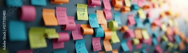 Fototapeta A vibrant wall filled with colorful sticky notes in various orientations, showcasing a creative brainstorming or planning session in progress for ideas.