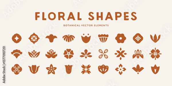 Fototapeta Collection of symmetrical botanical floral ornaments in minimalist folk art style