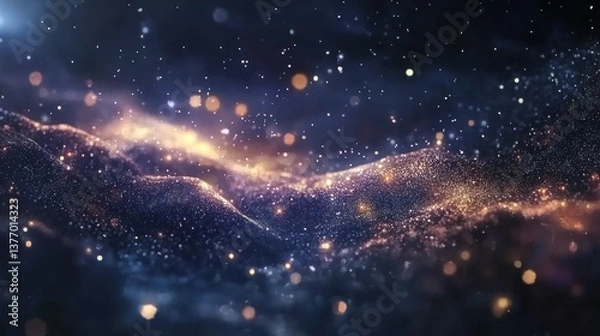 Fototapeta Glowing particle waves in dark space, resembling cosmic landscape