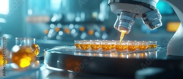 Fototapeta A futuristic, neon-lit biomedical laboratory featuring a robotic pipette and advanced scientific equipment, creating an innovative and high-tech working environment.