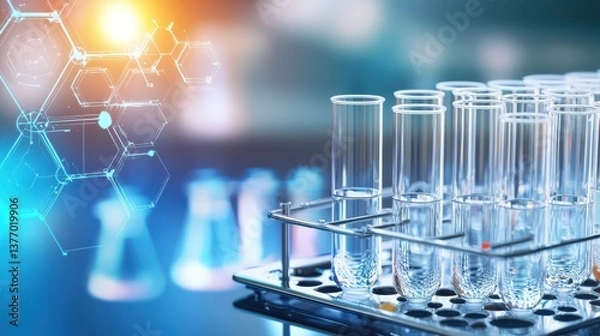 Fototapeta Exploring neonlit chemistry lab experiments modern science facility digital art innovative environment high-definition perspective