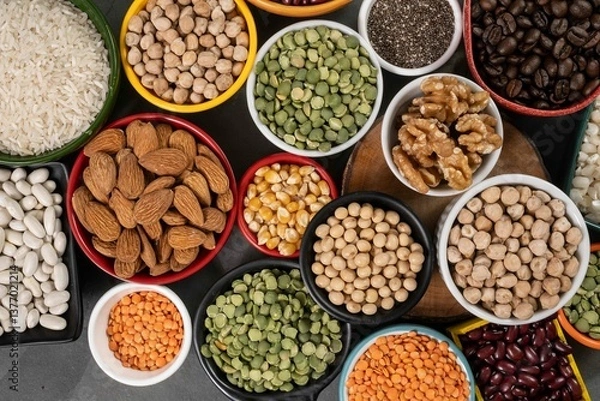 Obraz several pots with raw grains for preparing healthy food
