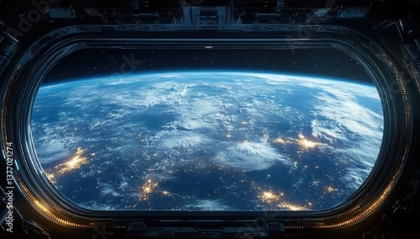 Fototapeta View of Earth from Spacecraft Window Hyper-Realistic Digital Art