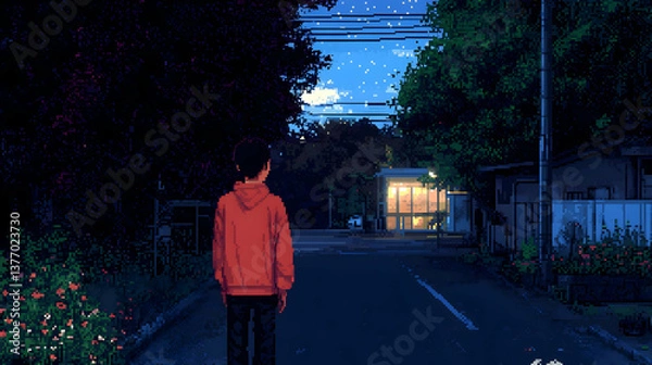 Obraz Pixel Art of a Man Walking Down a Dark Street at Night with Trees and a Lit Building Under a Starry Sky