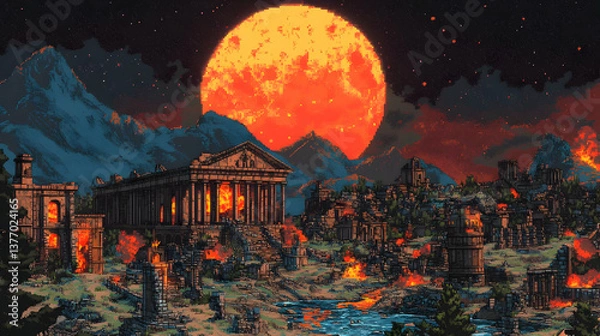 Fototapeta Pixel Art of Ancient Ruins Ablaze Under an Orange Moon at Night with Starry Sky and Distant Mountains