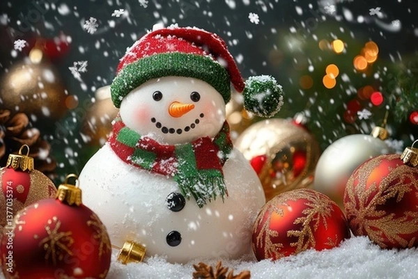 Fototapeta Cheerful Snowman Surrounded by Christmas Ornaments and Miniature Trees in Festive Holiday Setting with Snowflakes