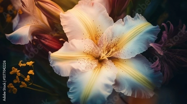 Fototapeta Close-up of Delicate Lily Blossom with Yellow Accents in Natural Light