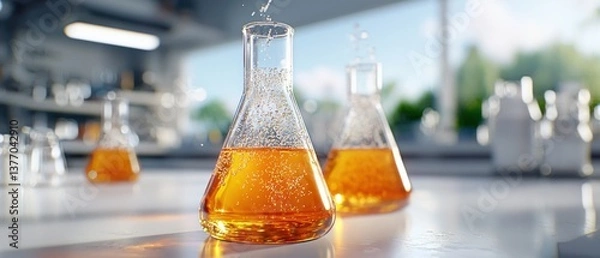 Fototapeta A laboratory setting with various glass beakers containing colorful, swirling liquids, suggesting an ongoing chemical experiment or scientific research.