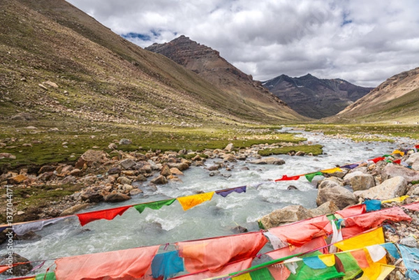 Fototapeta The path around Mount Kailash and a mountain river, kora around Kailash, Tibet