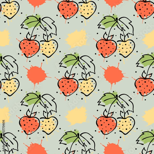 Fototapeta Vector fruits seamless pattern.Fruits with leaves, decorative elements, blots, drops, splash Hand drawn contour lines and strokes Doodle sketch style, graphic vector drawing illustration