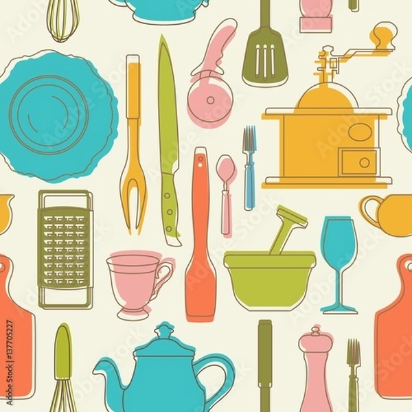 Obraz Seamless pattern with color kitchen utensils. Vector illustration.