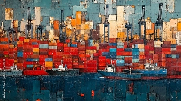 Fototapeta Abstract maritime transport hub scene with container ships and loading cranes view