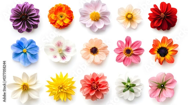 Fototapeta A row of colorful flowers with a white background
