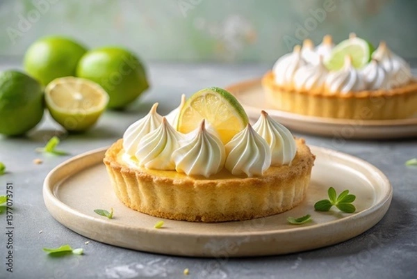 Obraz Delicious lime tartlets with fluffy meringue topping, garnished with a lime slice, served on elegant plates