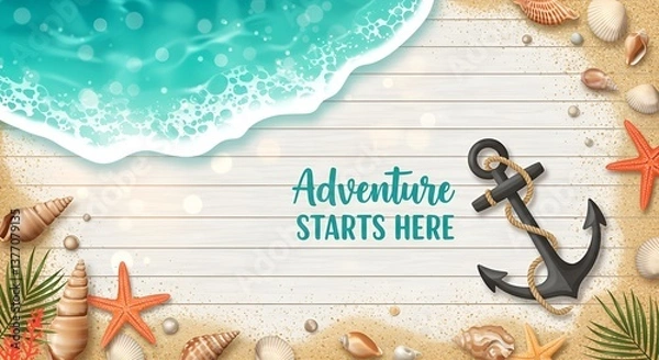 Obraz Anchor and seashells on beach with “Adventure starts here” text