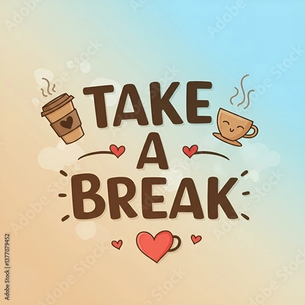Obraz Take a break coffee illustration with hearts and cups