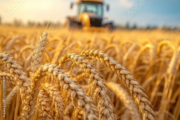 Fototapeta Golden wheat field with a tractor in the distance during harvest at sunset creating a warm rural scene.