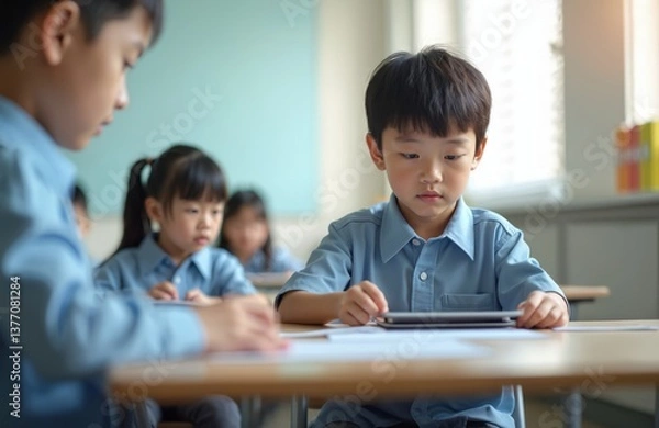 Fototapeta Focused Asian school boy using tablet in classroom. Junior school student learning online with digital program tech during computer science lesson. Children studying STEM subjects in elementary