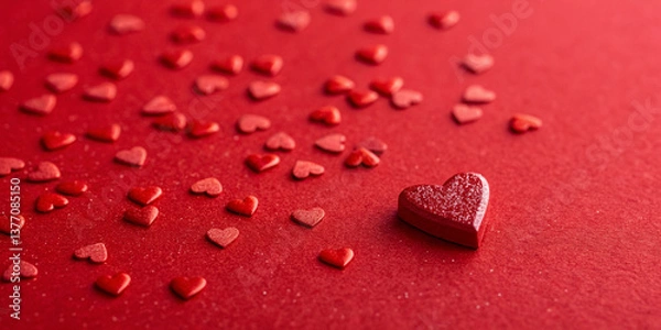 Fototapeta Small red heart shaped confetti on red background