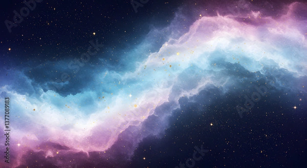 Fototapeta Ethereal abstract background with cosmic nebula-like swirls and shimmering stars.