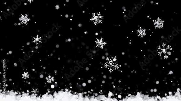Fototapeta Winter Snowflakes Falling on Black Background