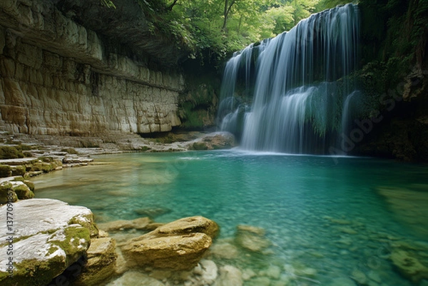 Fototapeta Crystal Clear Waterfall in a Hidden Natural Pool
