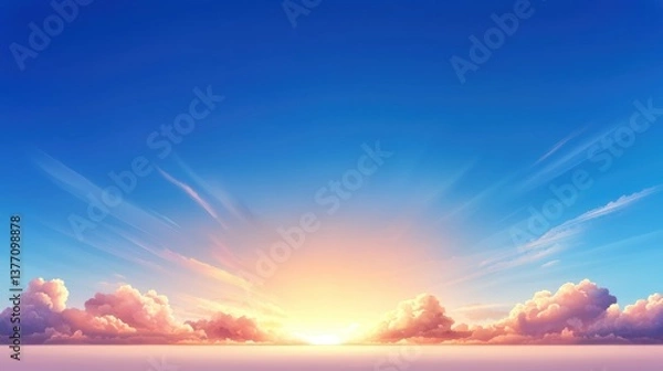 Fototapeta A serene sunrise with vibrant colors illuminating the sky, blending hues of blue, pink, and orange, creating a peaceful atmosphere.