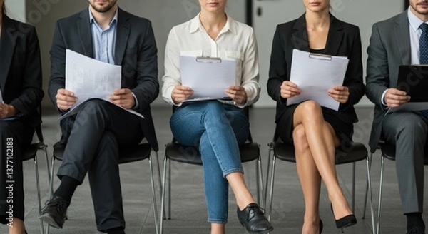 Fototapeta A Diverse Group of Job Applicants Sitting in a Waiting Area for an Interview, Showcasing Different Ages, Genders, and Attire in a Modern Office Environment