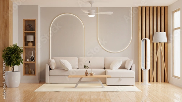 Obraz Cozy and stylish living room with a neutral color palette, featuring a beige sofa with white accent pillows- 3D rendering