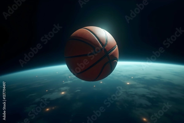 Obraz Elevated Basketball, A lone basketball hovers in the vastness above a softly lit horizon, symbolizing dreams, sports, and overcoming gravity's pull, creating a sense of wonder