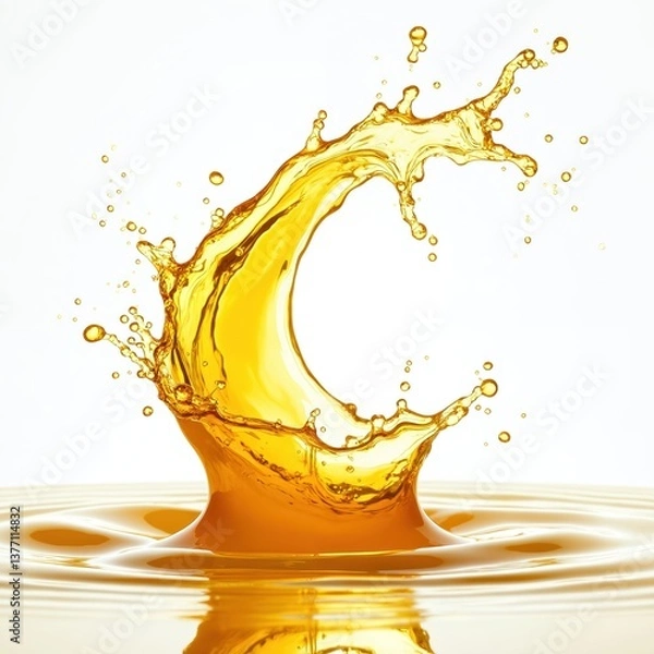 Fototapeta Dynamic illustration vibrant yellow liquid splashing. Splashing liquid motion creates dynamic wave pattern. Fresh juicy drink art with drops and splashes, isolated white background.