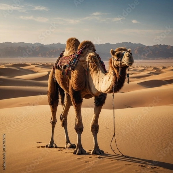 Fototapeta Bactrian camel standing in a vast desert with golden dunes stretching to the horizon.