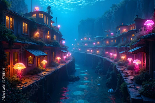 Fototapeta Enchanting Underwater Village, A Captivating Scene of Artistically Lit Houses Adorned with Bioluminescent Jellyfish along a Tranquil River Path