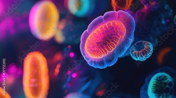 Obraz Abstract Microscopic World Depiction of Cells in a Vivid and Colorful Display, Medical  Emphasizing Cellular Structure and Dynamics