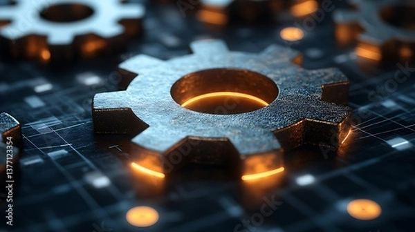 Fototapeta Abstract icons of gears and charts glowing over a digital grid, symbolizing innovative business strategies.