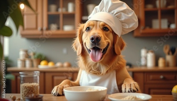 Fototapeta Playful Golden Retriever Chef in Kitchen Mixing Ingredients Joyfully