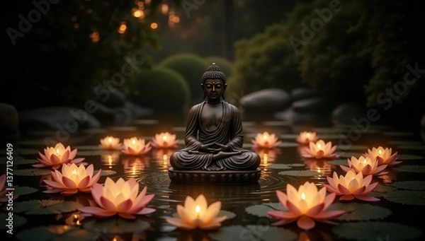 Fototapeta Serene Buddha Statue Surrounded by Floating Lanterns in Lotus Pond