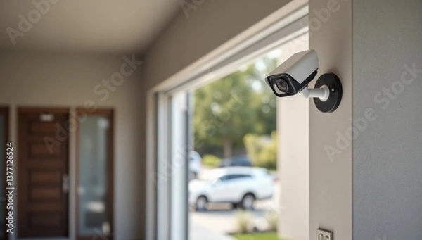 Fototapeta Security Camera Positioned Above Garage Door for Monitoring Driveway